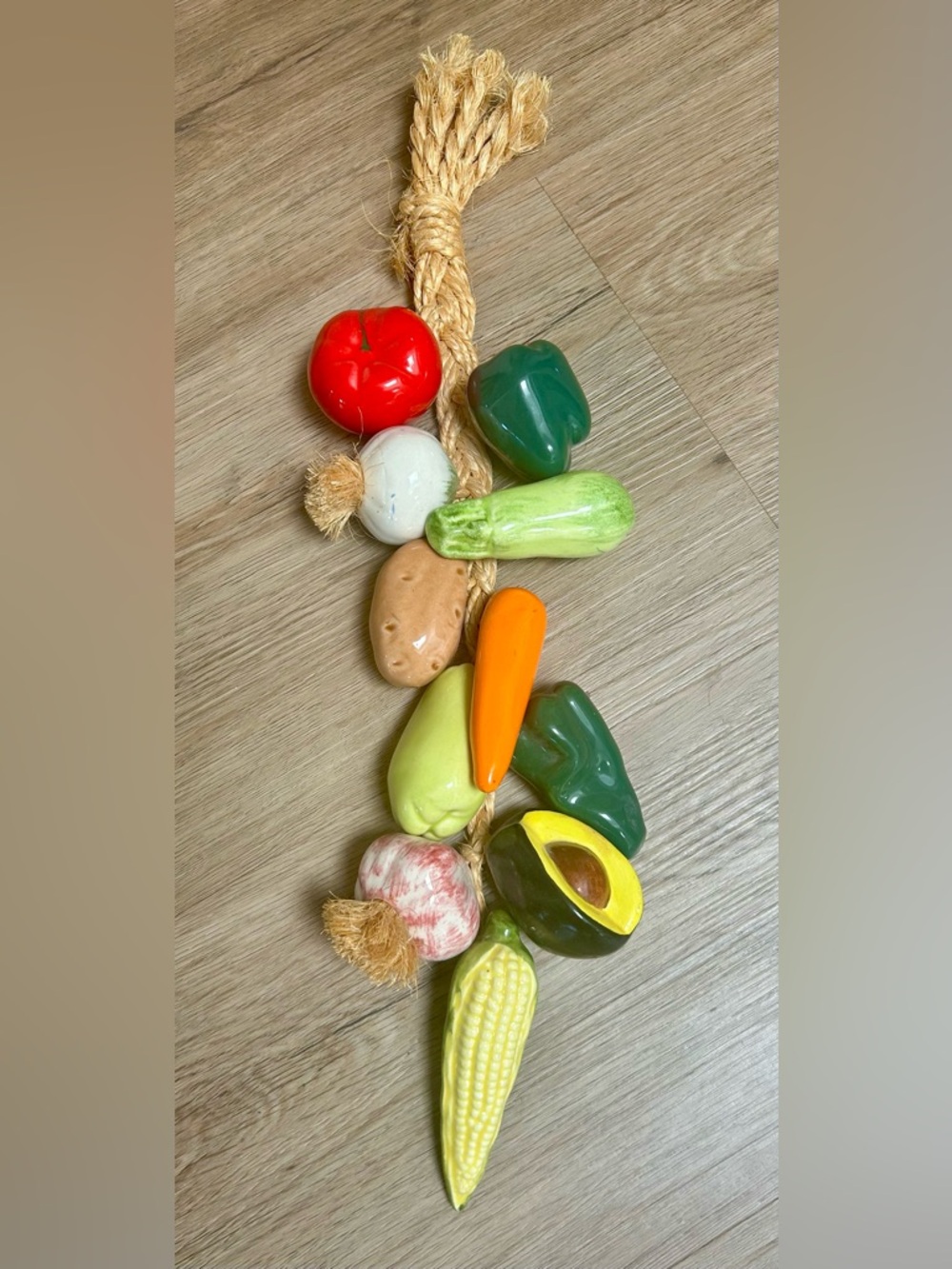 Mexico Ristra Veggies On A Rope, Ceramic Vegetables Jute Rope 15”